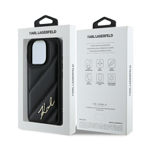 Hoes voor Apple iPhone 16 Pro, Karl Lagerfeld, Diagonal Quilted Script, Zwart