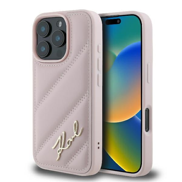 Hoes voor Apple iPhone 16 Pro, Karl Lagerfeld, Diagonal Quilted Script, Roze