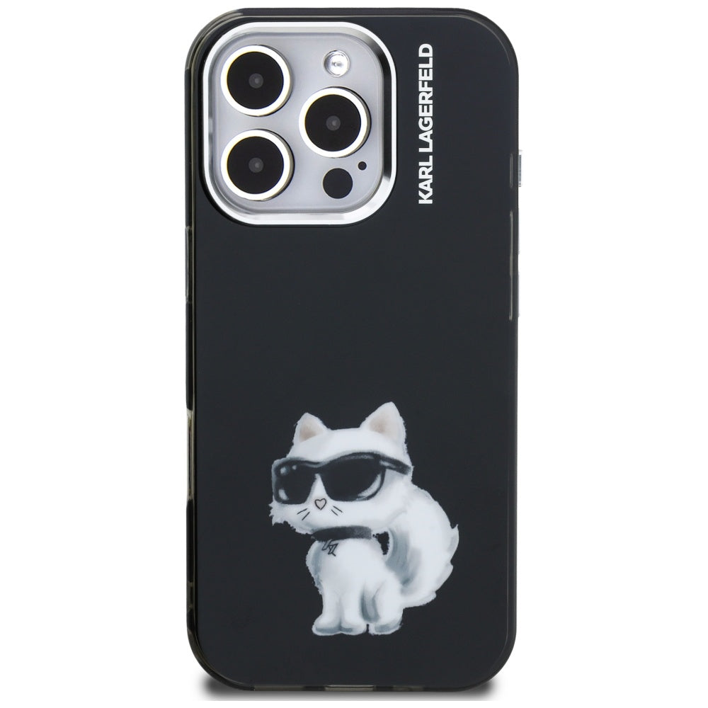 Hoes voor Apple iPhone 16 Pro, Karl Lagerfeld, IML Aquarelle Logo Choupette, Zwart