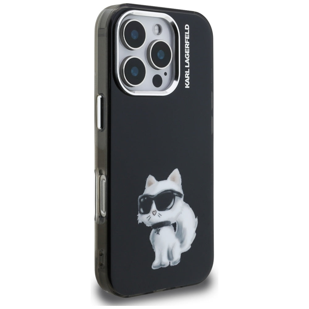 Hoes voor Apple iPhone 16 Pro, Karl Lagerfeld, IML Aquarelle Logo Choupette, Zwart