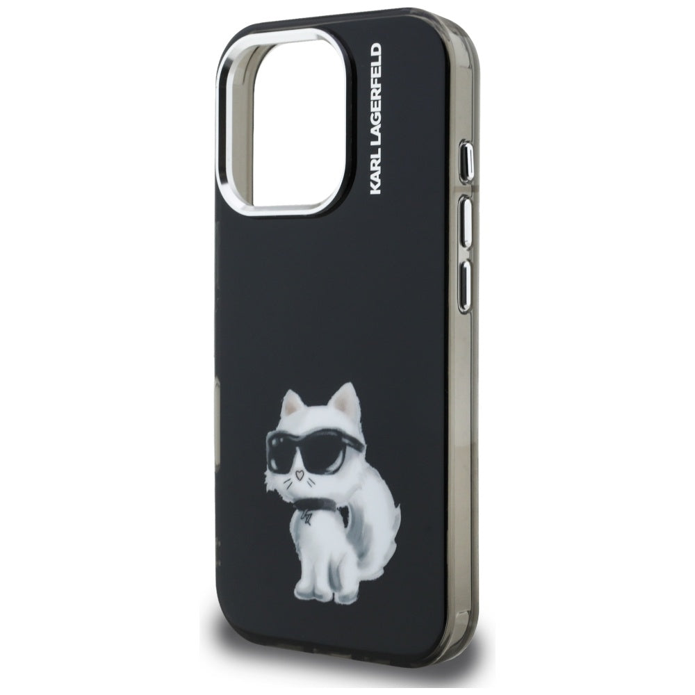 Hoes voor Apple iPhone 16 Pro, Karl Lagerfeld, IML Aquarelle Logo Choupette, Zwart