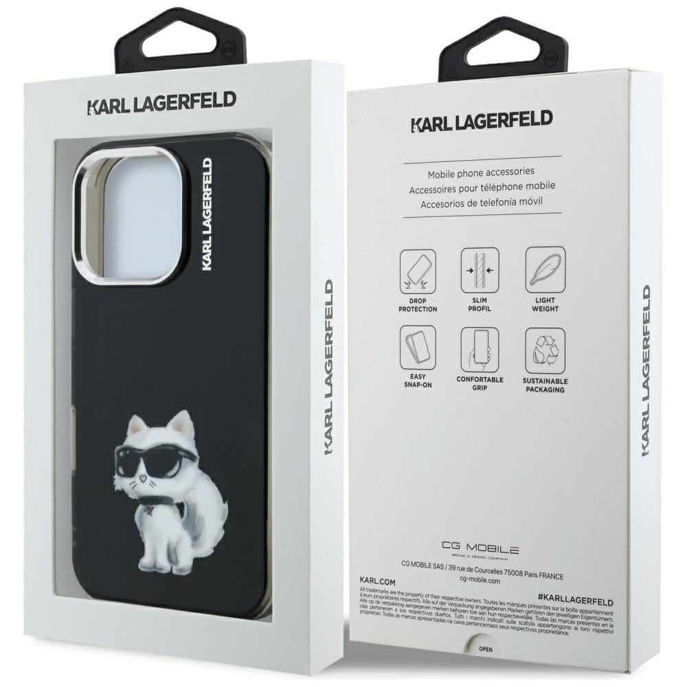 Hoes voor Apple iPhone 16 Pro, Karl Lagerfeld, IML Aquarelle Logo Choupette, Zwart