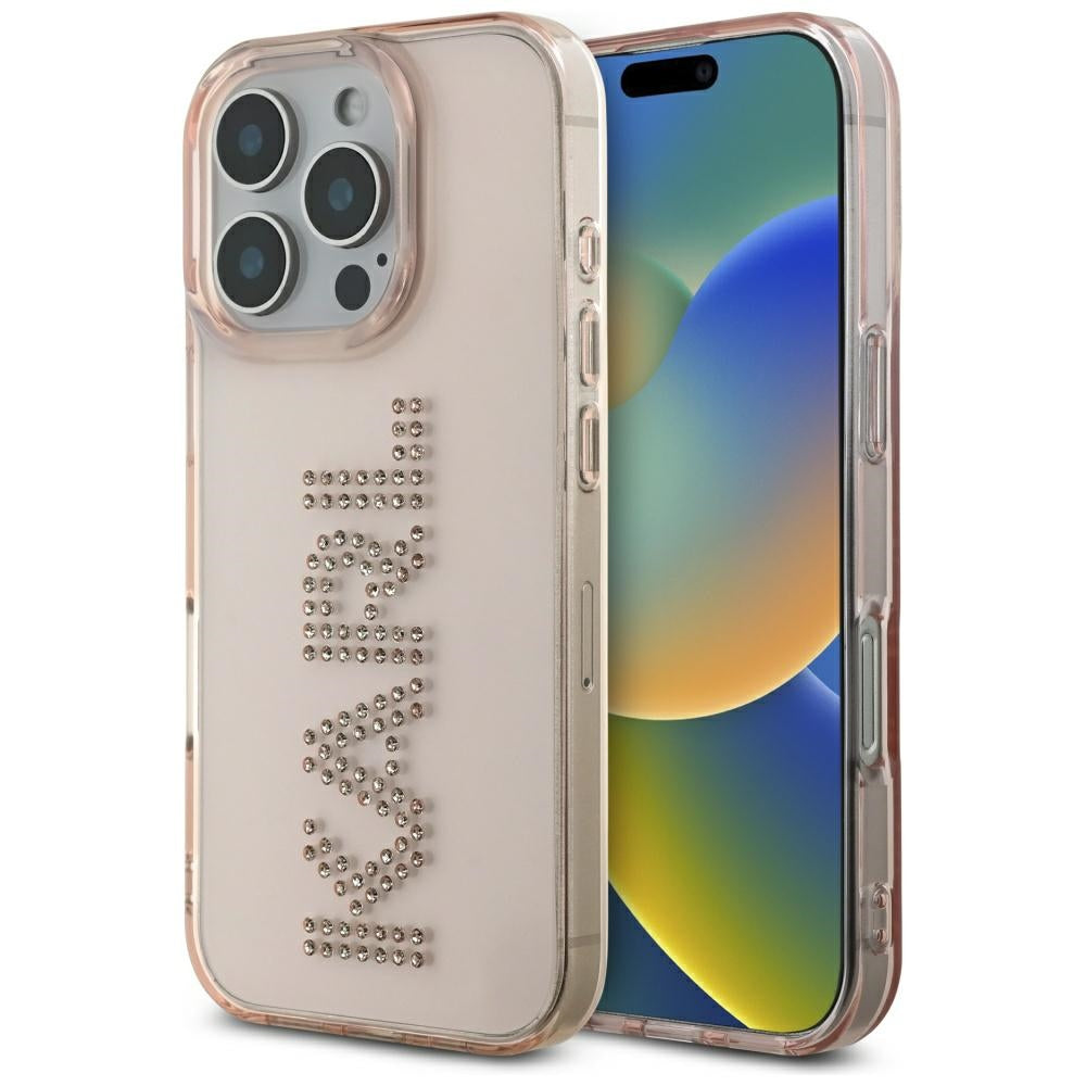 Hülle für Apple iPhone 16 Pro, Karl Lagerfeld, IML Rhinestones Pink Logo, Rosa