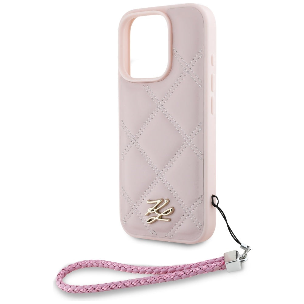 Hülle für Apple iPhone 16 Pro, Karl Lagerfeld, Quilted Initial Logo & Chain Strap, Rosa