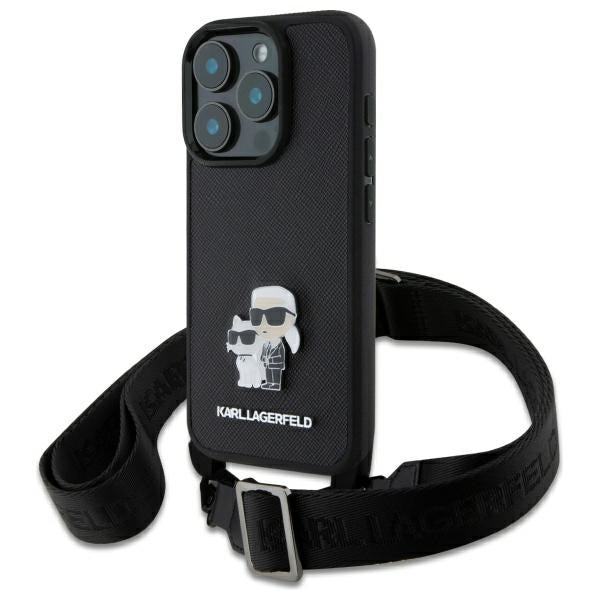 Hülle für Apple iPhone 16 Pro, Karl Lagerfeld, Saffiano Crossbody Metal Pin Karl & Choupette, Schwarz