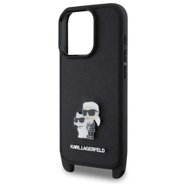 Hülle für Apple iPhone 16 Pro, Karl Lagerfeld, Saffiano Crossbody Metal Pin Karl & Choupette, Schwarz