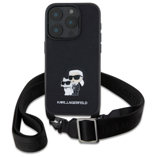 Hülle für Apple iPhone 16 Pro, Karl Lagerfeld, Saffiano Crossbody Metal Pin Karl & Choupette, Schwarz