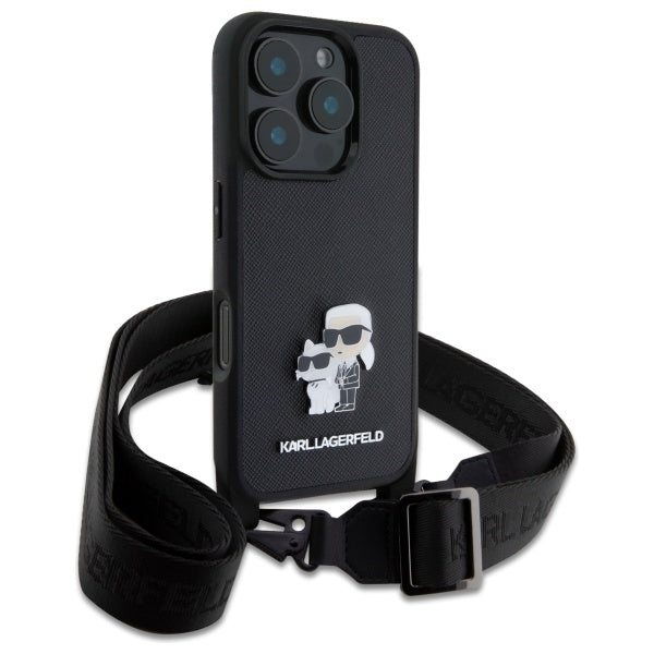 Hülle für Apple iPhone 16 Pro, Karl Lagerfeld, Saffiano Crossbody Metal Pin Karl & Choupette, Schwarz