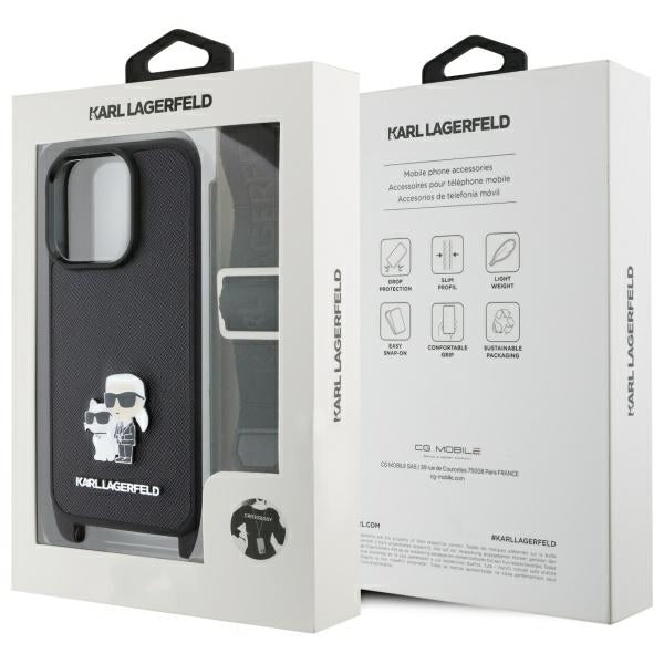 Hülle für Apple iPhone 16 Pro, Karl Lagerfeld, Saffiano Crossbody Metal Pin Karl & Choupette, Schwarz