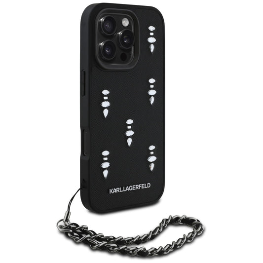 Hülle für Apple iPhone 16 Pro, Karl Lagerfeld, Saffiano Crystals & Charm, Schwarz