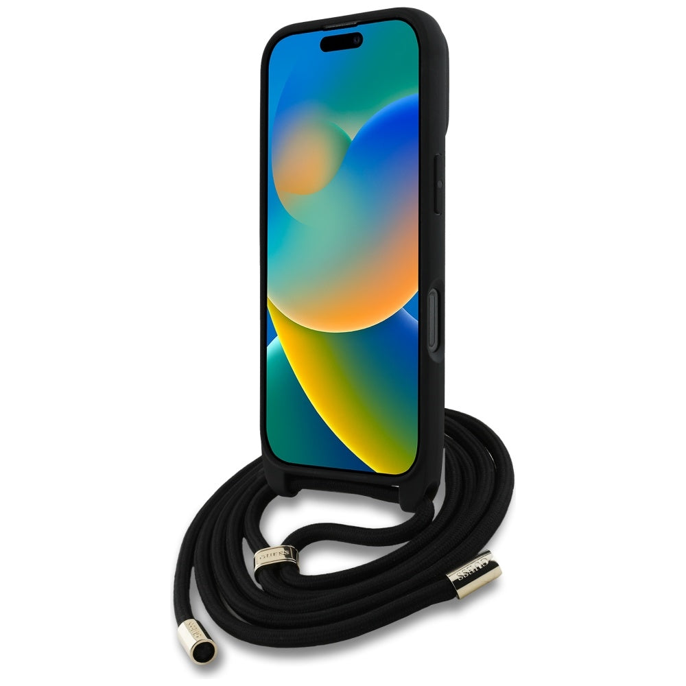 Hoes voor Apple iPhone 16 Pro Max, Guess, 4G CBDY Big Logo met Koordriem, Zwart