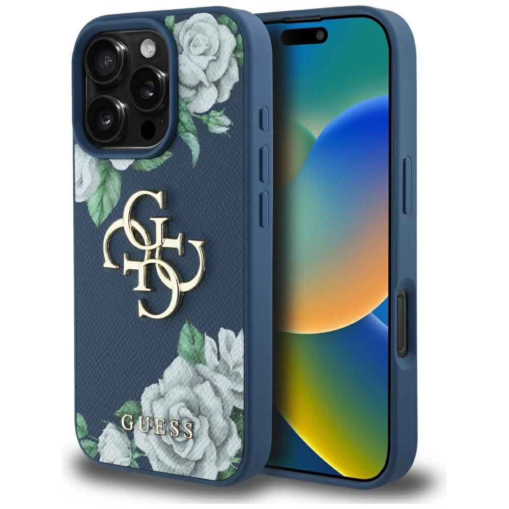 Étui pour Apple iPhone 16 Pro Max, Guess, 4G Grained Roses Big Logo, Bleu