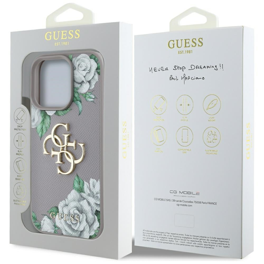 Étui pour Apple iPhone 16 Pro Max, Guess, 4G Grained Roses Big Logo, Violet