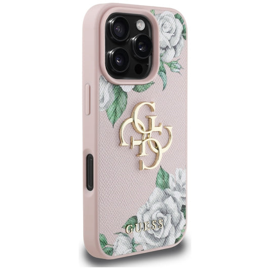 Étui pour Apple iPhone 16 Pro Max, Guess, 4G Grained Roses Big Logo, Rose