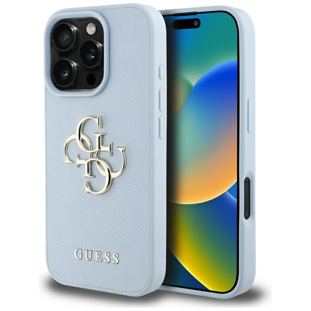 Étui pour Apple iPhone 16 Pro Max, Guess, Grained Big 4G Logo Small Classic Logo, Bleu