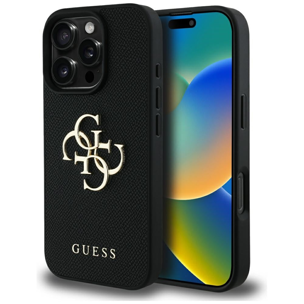 Étui pour Apple iPhone 16 Pro Max, Guess, Grained Big 4G Logo Small Classic Logo, Noir