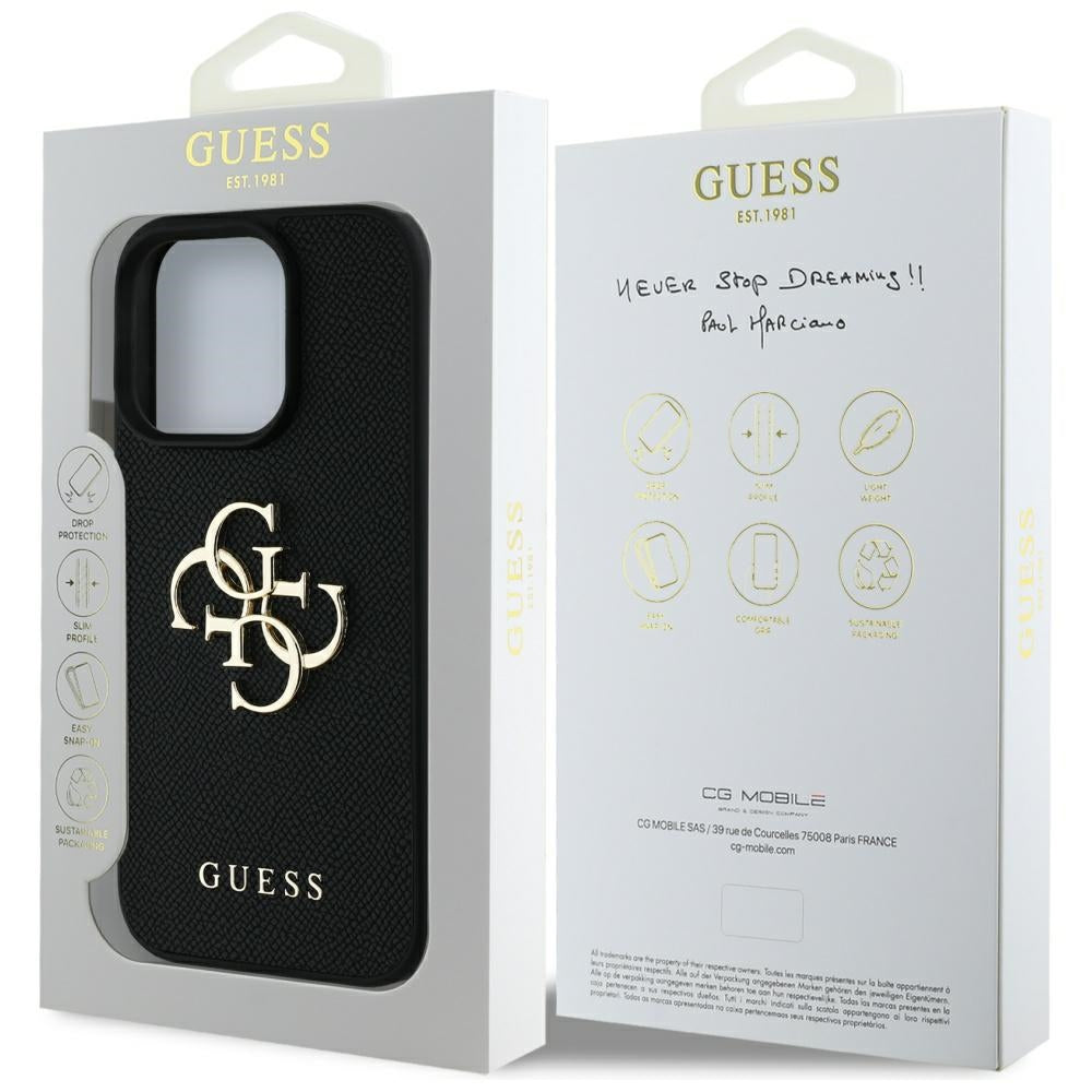 Étui pour Apple iPhone 16 Pro Max, Guess, Grained Big 4G Logo Small Classic Logo, Noir