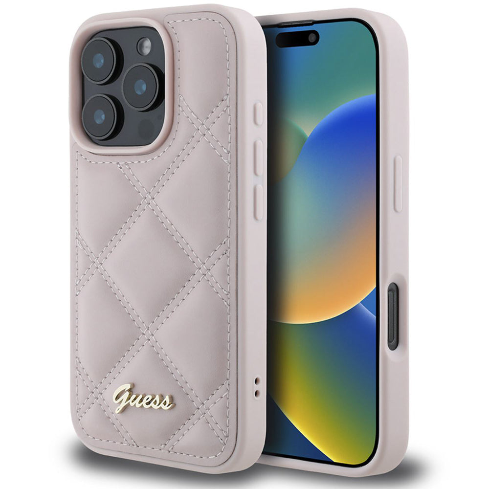 Hülle für Apple iPhone 16 Pro Max, Guess, Gestepptes Metall-Logo, Rosa