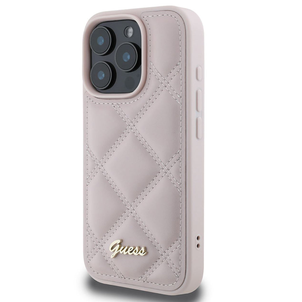 Hülle für Apple iPhone 16 Pro Max, Guess, Gestepptes Metall-Logo, Rosa