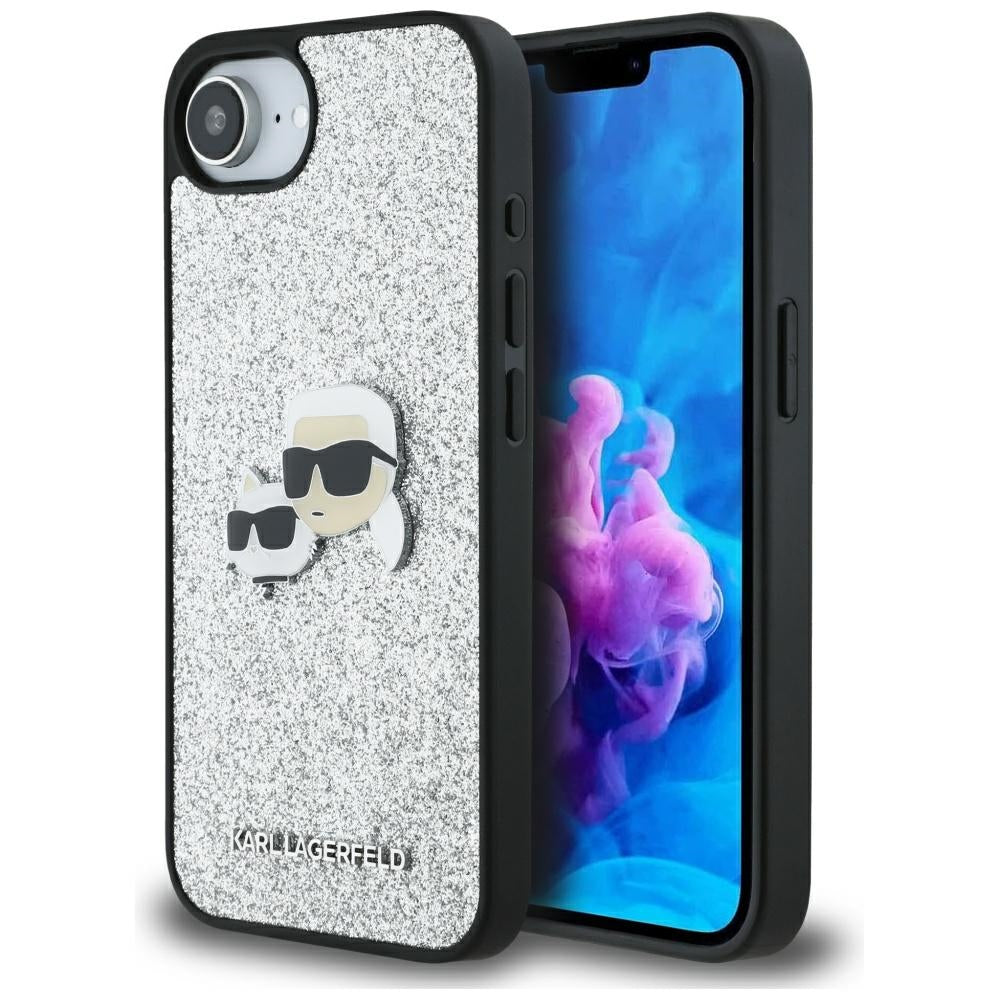 Hülle für Apple iPhone 17e / 16e, Karl Lagerfeld, Glitter Fixed Karl & Choupette's Heads, Silbern