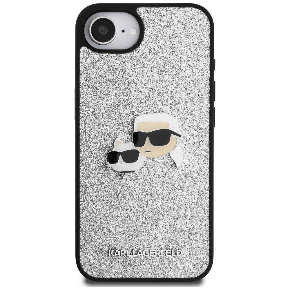 Hülle für Apple iPhone 17e / 16e, Karl Lagerfeld, Glitter Fixed Karl & Choupette's Heads, Silbern