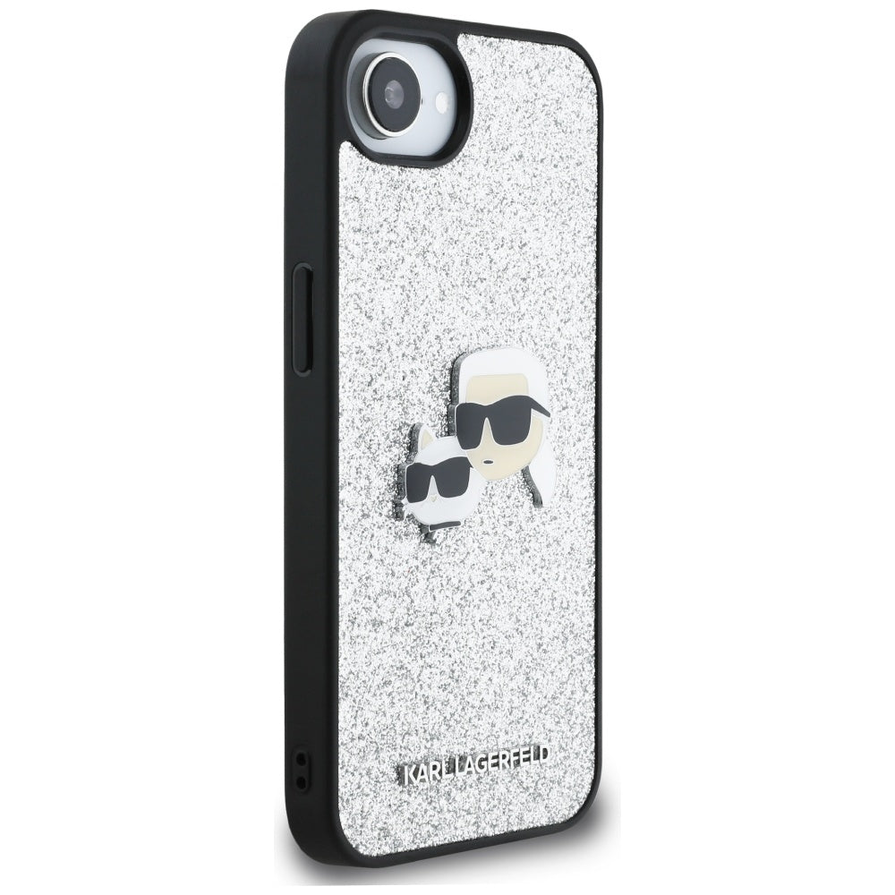 Hülle für Apple iPhone 17e / 16e, Karl Lagerfeld, Glitter Fixed Karl & Choupette's Heads, Silbern