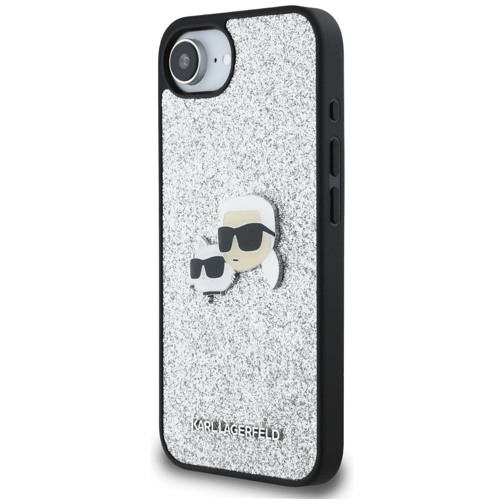 Hülle für Apple iPhone 17e / 16e, Karl Lagerfeld, Glitter Fixed Karl & Choupette's Heads, Silbern