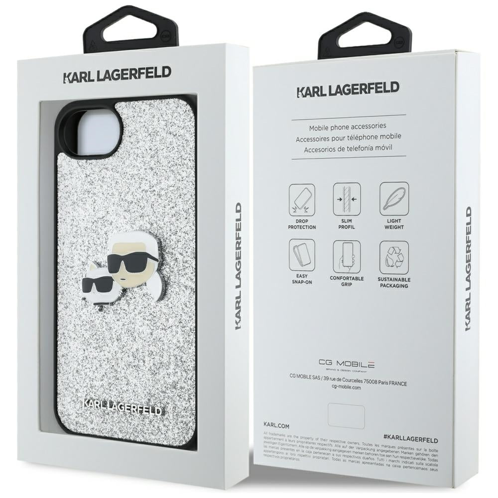 Hülle für Apple iPhone 17e / 16e, Karl Lagerfeld, Glitter Fixed Karl & Choupette's Heads, Silbern
