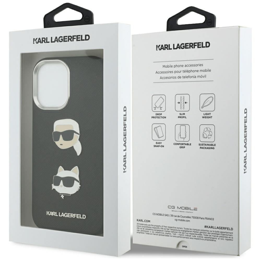 Hoes voor Apple iPhone 17, Karl Lagerfeld, Grained Karl & Choupette's Heads Pins and Logo, Zwart
