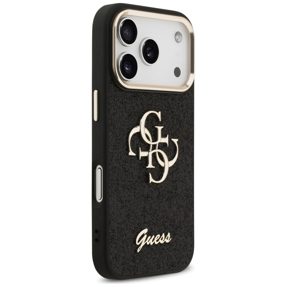 Hoes voor Apple iPhone 17 Pro, Guess, Fixed Glitter Big 4G Metal Frame, Zwart