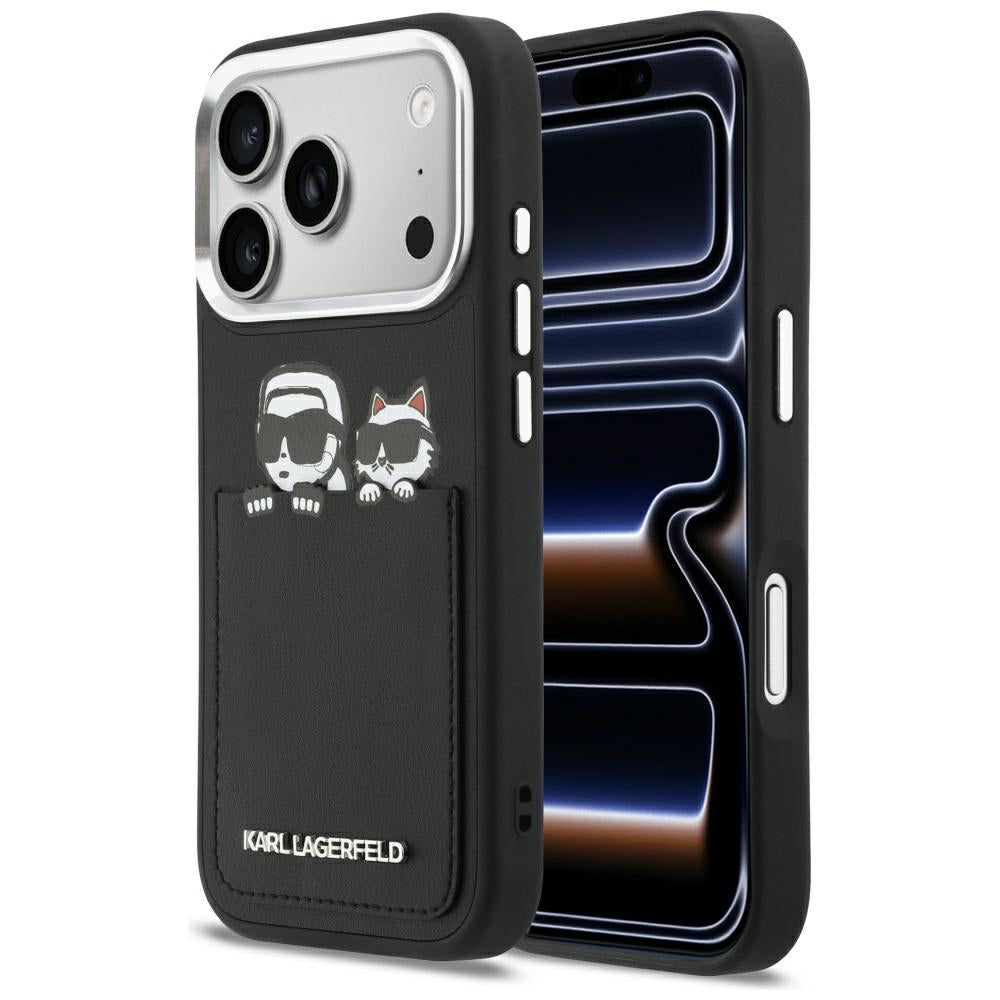 Étui pour Apple iPhone 17 Pro, Karl Lagerfeld, Impression Karl & Choupette avec poche, Noir