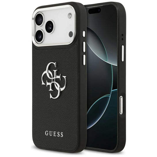 Hoes voor Apple iPhone 17 Pro Max, Guess, 4G Grained Big and Classic Logo, Zwart Zilver