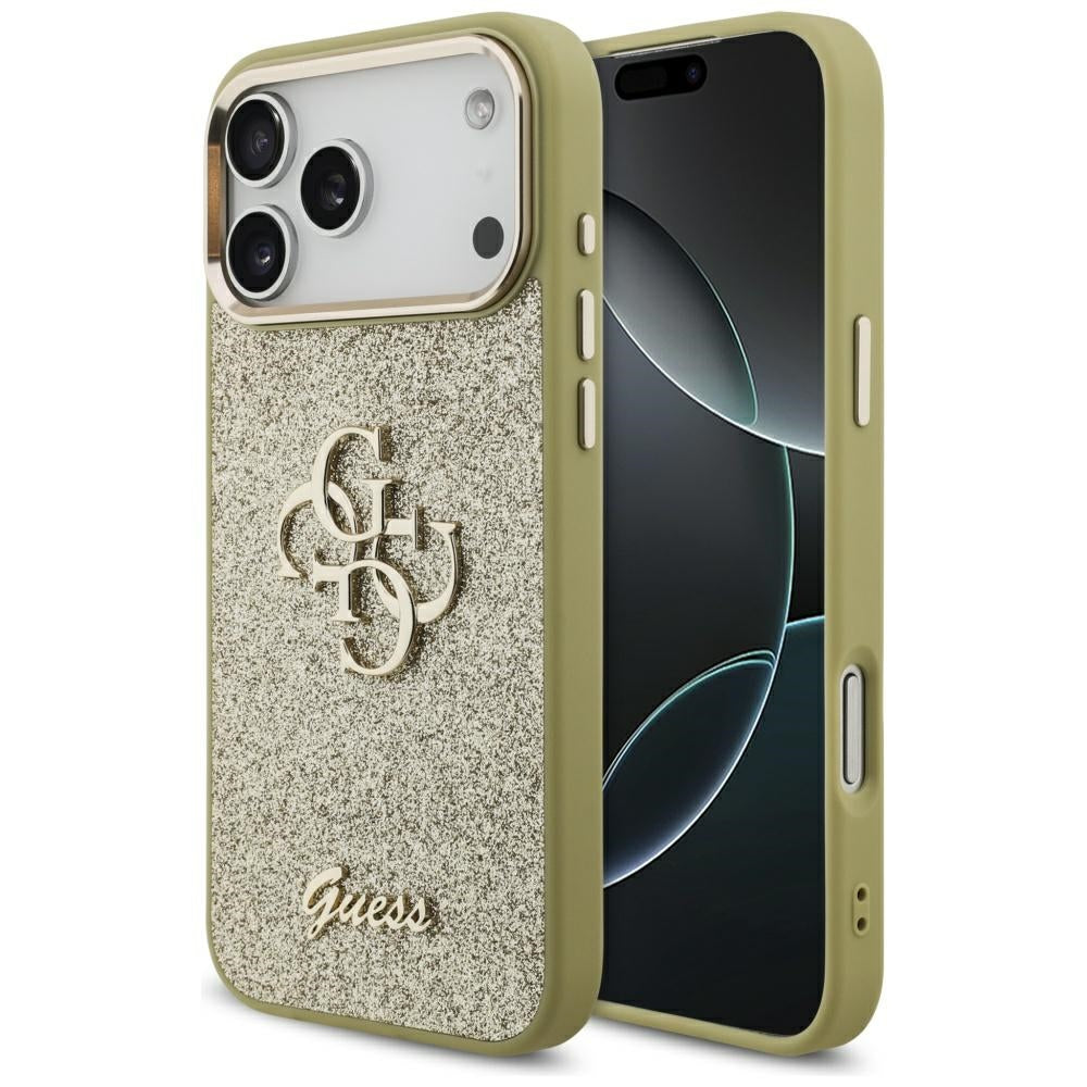 Étui pour Apple iPhone 17 Pro Max, Guess, Fixed Glitter Big 4G Metal Frame, Doré
