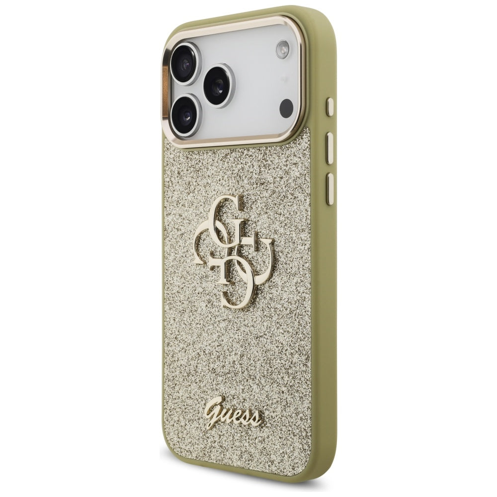 Étui pour Apple iPhone 17 Pro Max, Guess, Fixed Glitter Big 4G Metal Frame, Doré