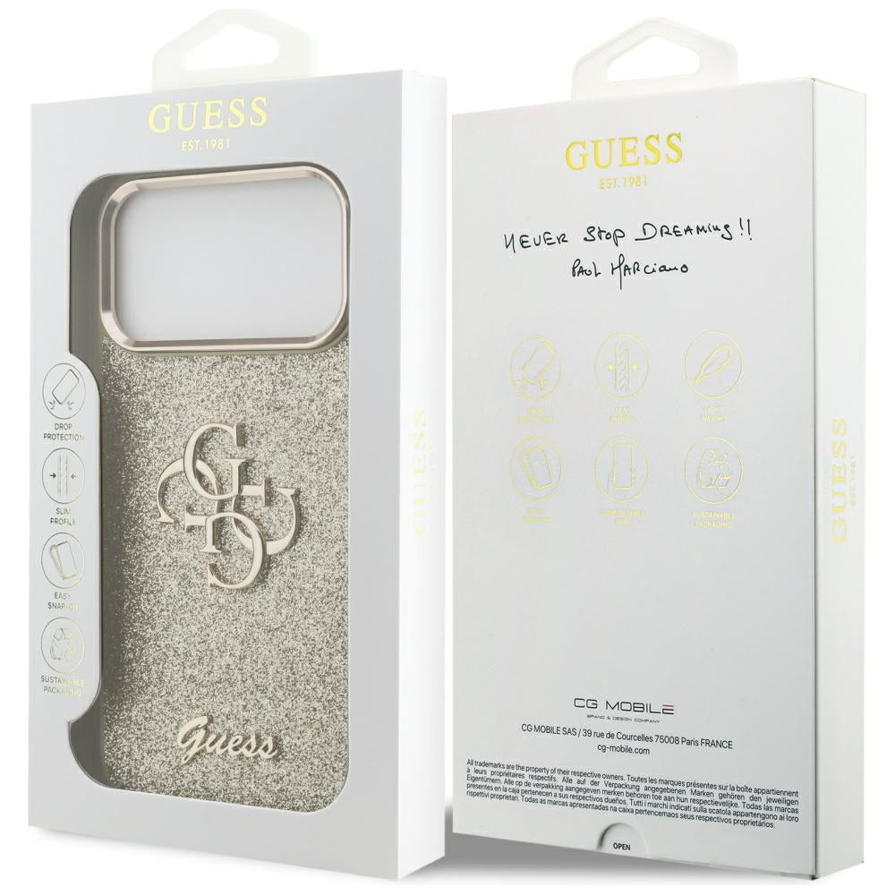 Étui pour Apple iPhone 17 Pro Max, Guess, Fixed Glitter Big 4G Metal Frame, Doré