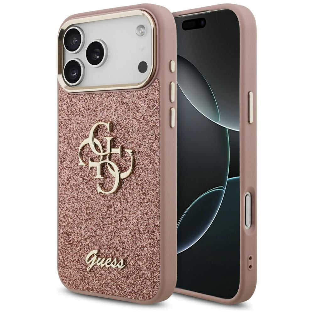 Étui pour Apple iPhone 17 Pro Max, Guess, Fixed Glitter Big 4G Metal Frame, Rose