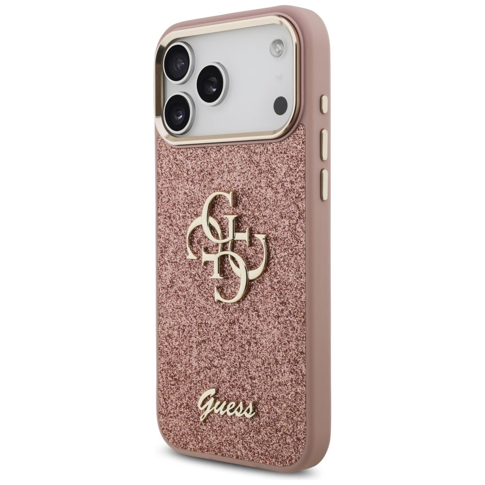 Étui pour Apple iPhone 17 Pro Max, Guess, Fixed Glitter Big 4G Metal Frame, Rose
