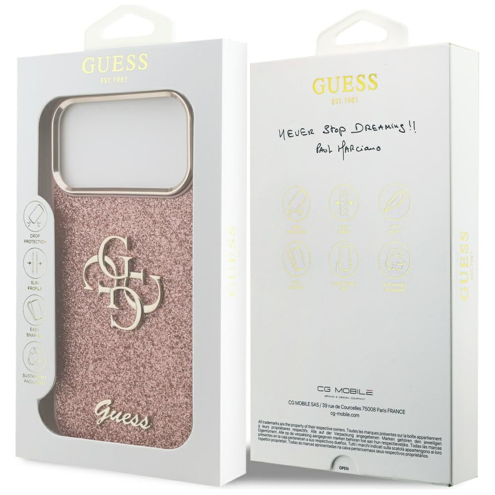 Étui pour Apple iPhone 17 Pro Max, Guess, Fixed Glitter Big 4G Metal Frame, Rose