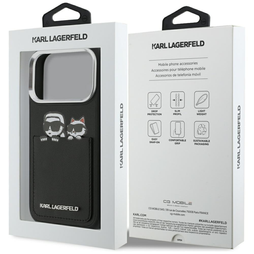 Étui pour Apple iPhone 17 Pro Max, Karl Lagerfeld, Impression Karl & Choupette avec Poche, Noir