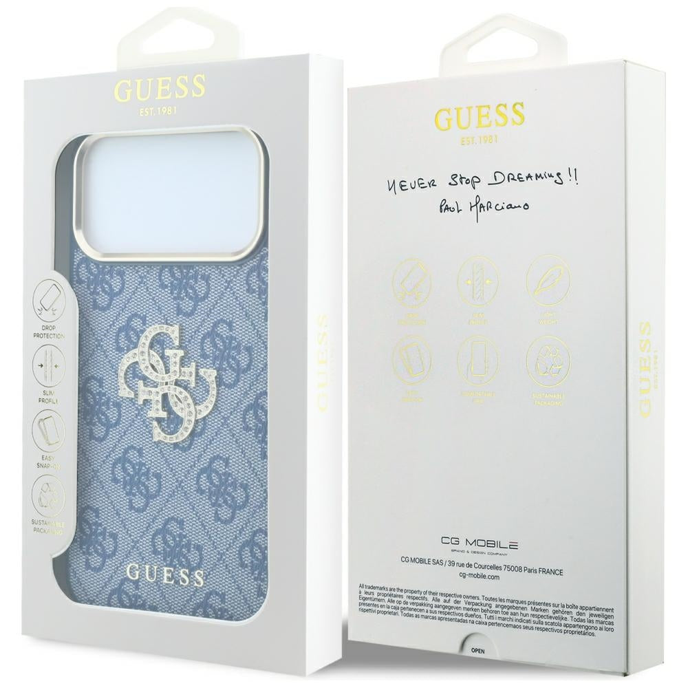 Case for Apple iPhone 18 Pro / 17 Pro, Guess, 4G Big Strass Logo, Blue