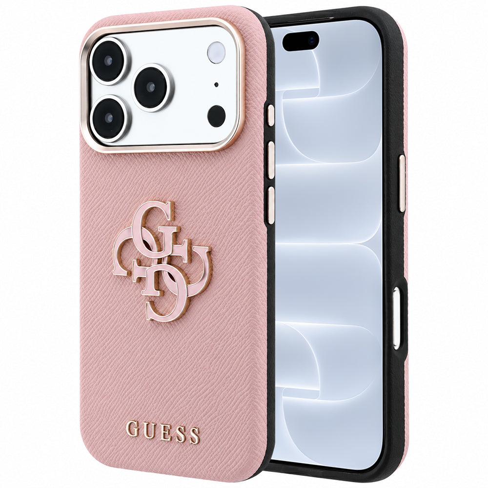 Coque pour Apple iPhone 18 Pro / 17 Pro, Guess, Grand Logo en Résine Grainée, Rose