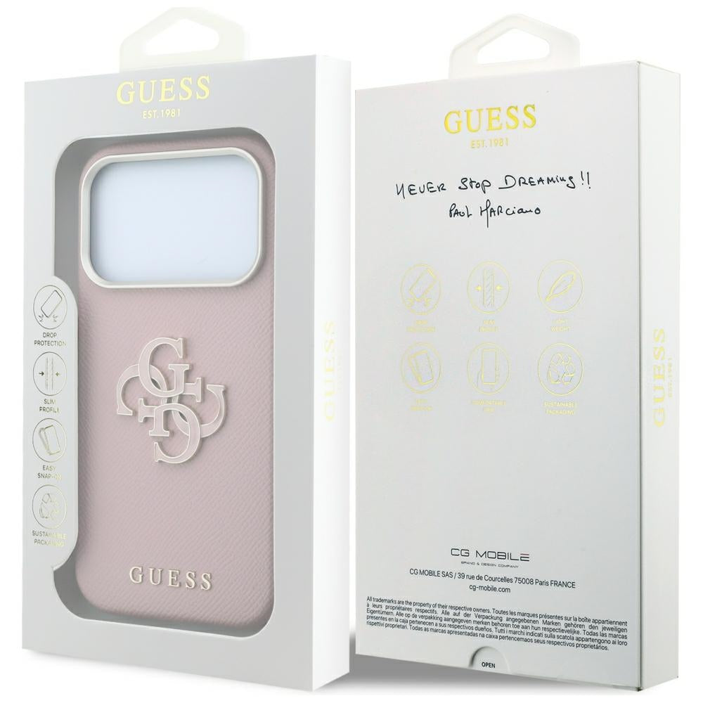 Coque pour Apple iPhone 18 Pro / 17 Pro, Guess, Grand Logo en Résine Grainée, Rose