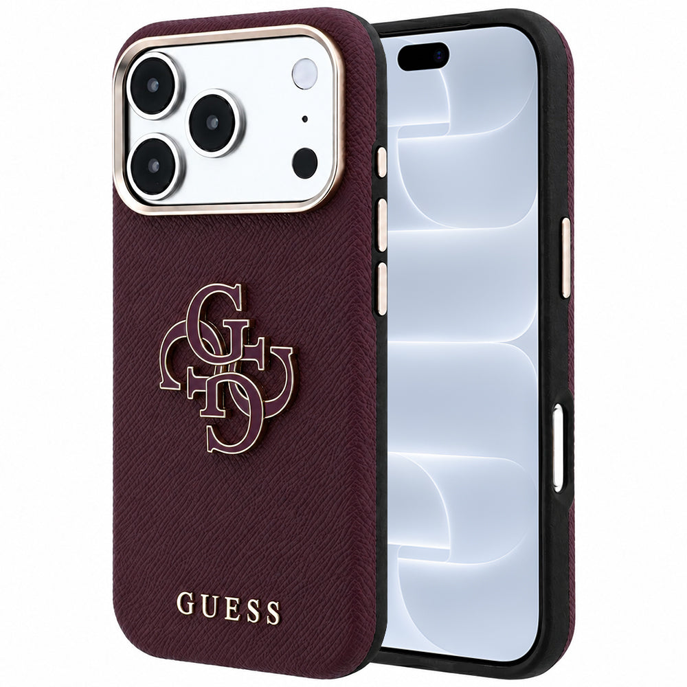 Coque pour Apple iPhone 18 Pro / 17 Pro, Guess, Grand Logo en Résine Grainée, Bordeaux
