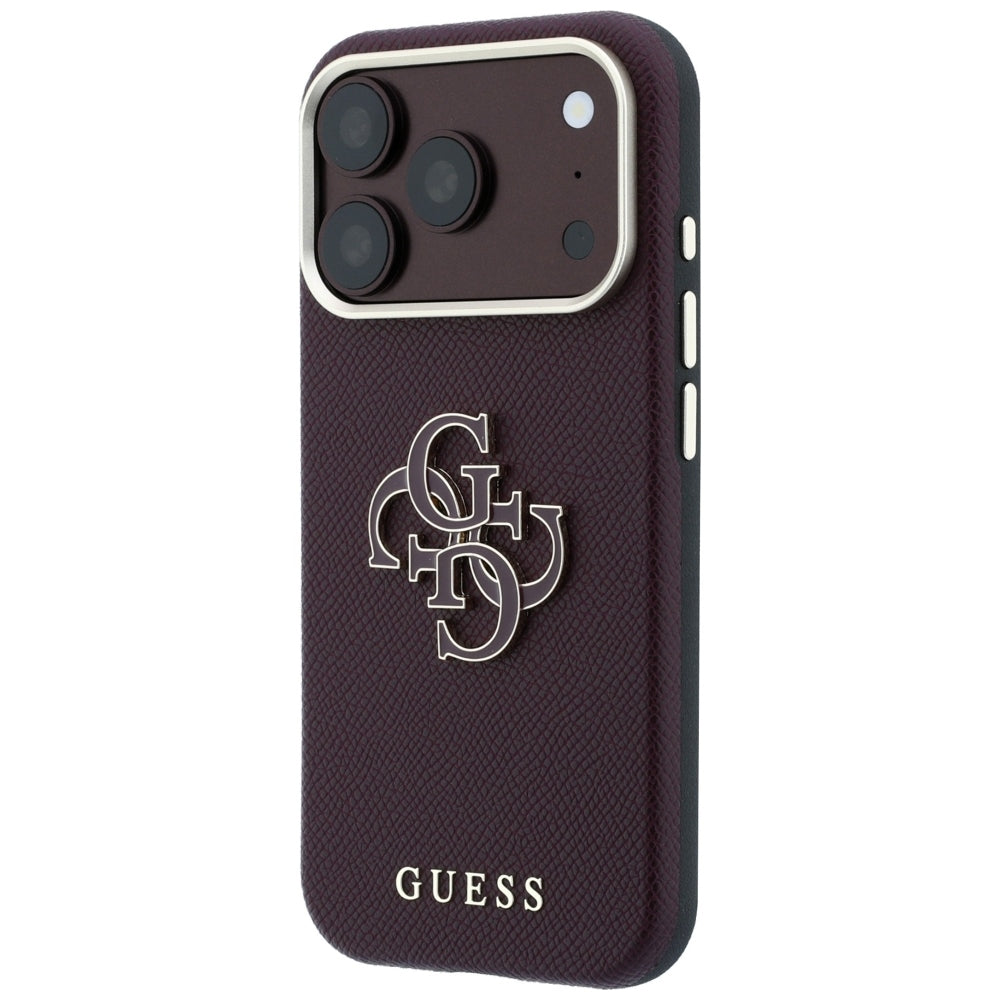 Coque pour Apple iPhone 18 Pro / 17 Pro, Guess, Grand Logo en Résine Grainée, Bordeaux