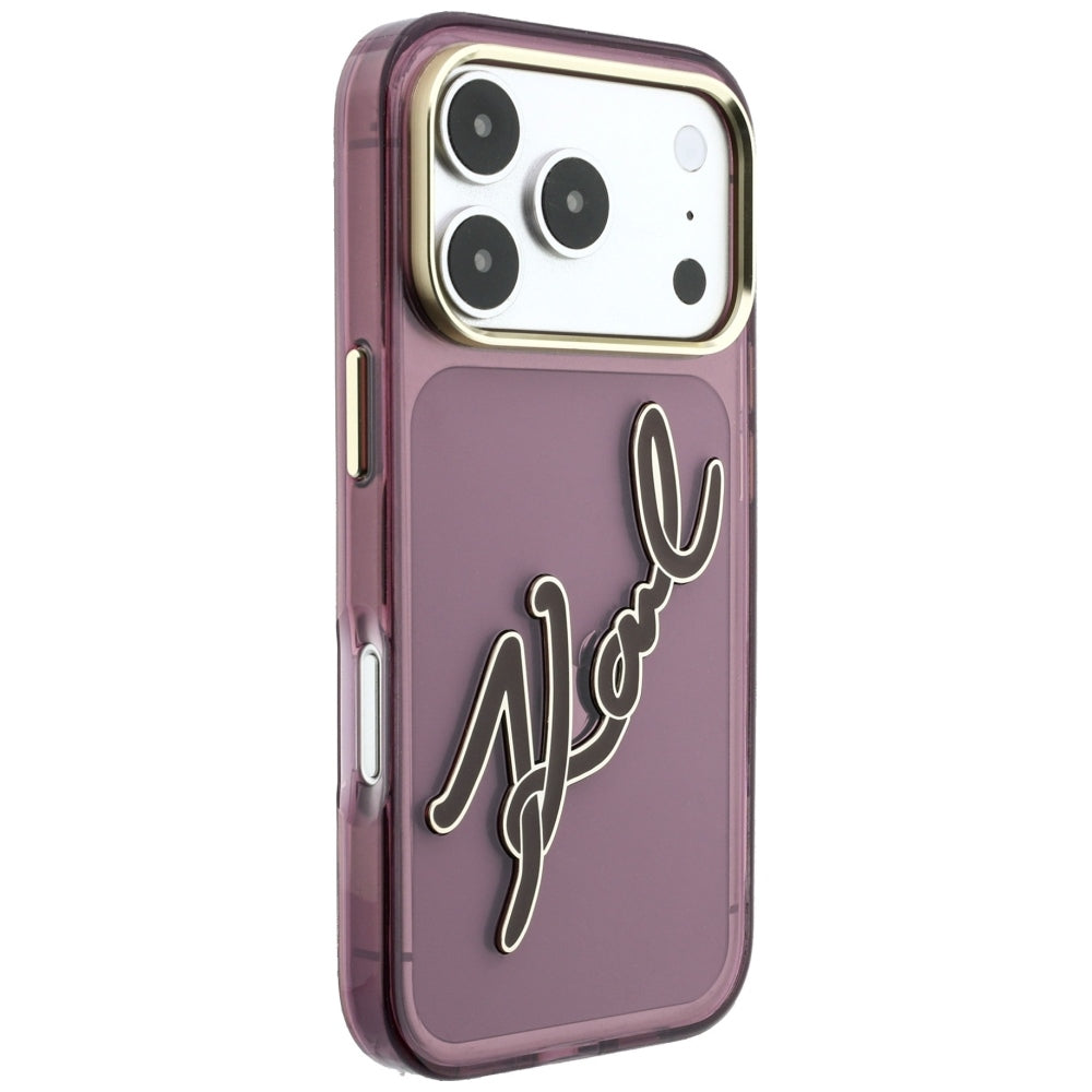 Coque pour Apple iPhone 18 Pro / 17 Pro, Karl Lagerfeld, Logo Résine IML Big Signature et Cadre Métallique, Bordeaux