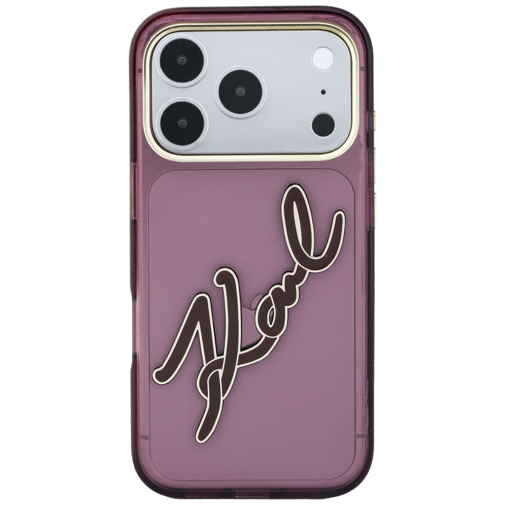 Coque pour Apple iPhone 18 Pro / 17 Pro, Karl Lagerfeld, Logo Résine IML Big Signature et Cadre Métallique, Bordeaux