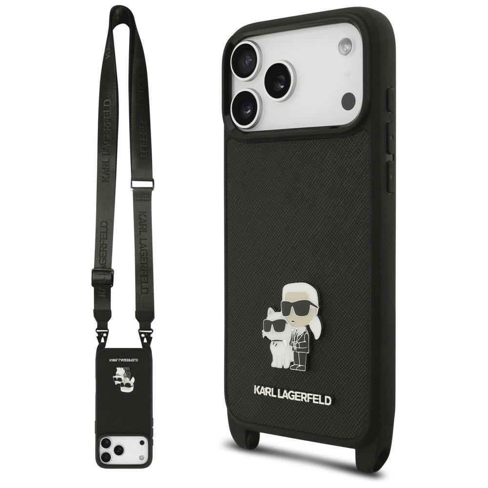 Hoesje voor Apple iPhone 18 Pro / 17 Pro, Karl Lagerfeld, Saffiano Crossbody Metal Pin Karl & Choupette, zwart