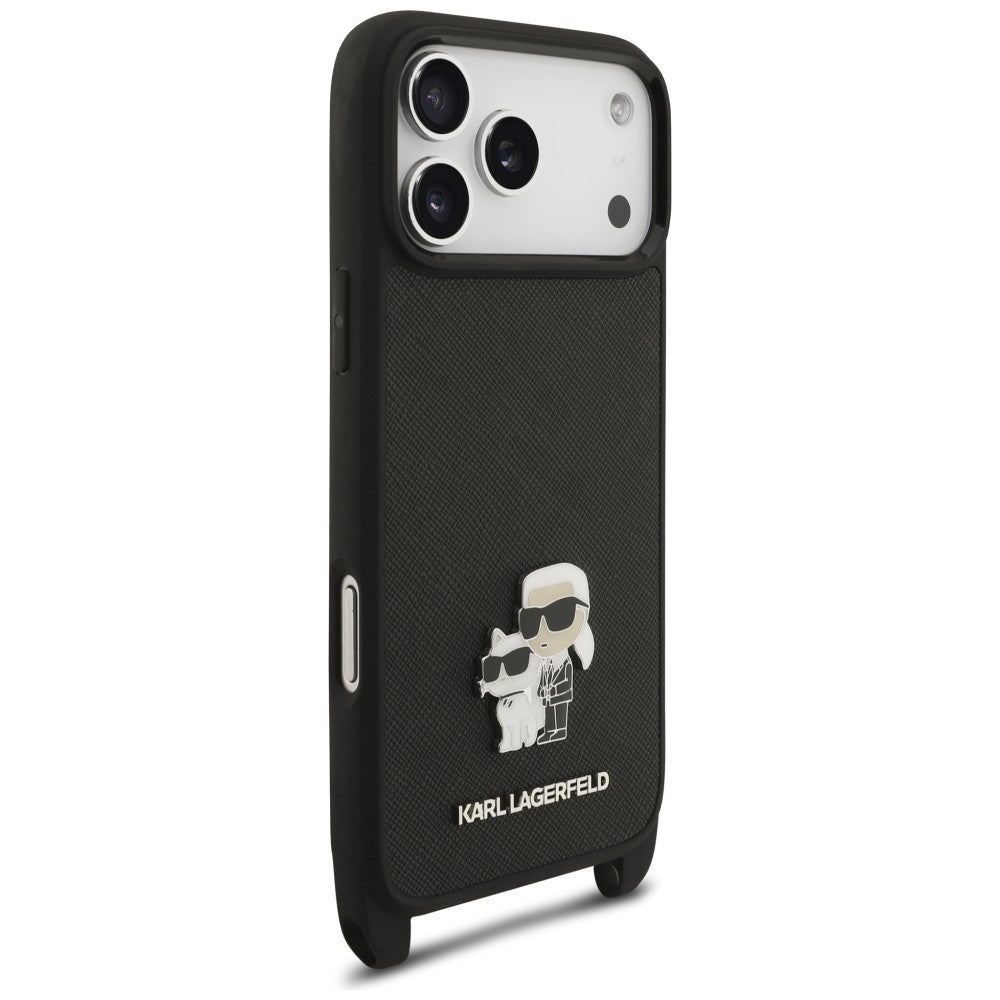 Hoesje voor Apple iPhone 18 Pro / 17 Pro, Karl Lagerfeld, Saffiano Crossbody Metal Pin Karl & Choupette, zwart