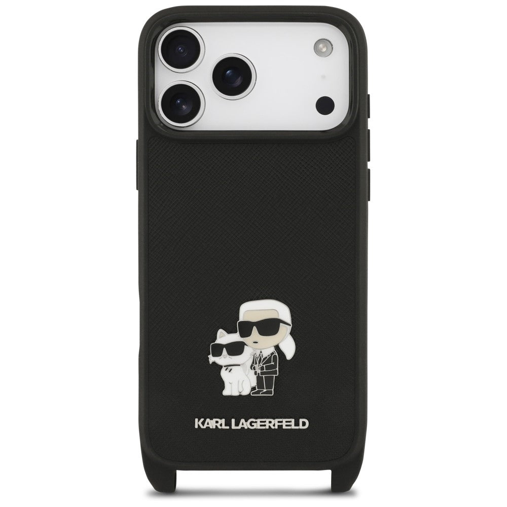 Hoesje voor Apple iPhone 18 Pro / 17 Pro, Karl Lagerfeld, Saffiano Crossbody Metal Pin Karl & Choupette, zwart