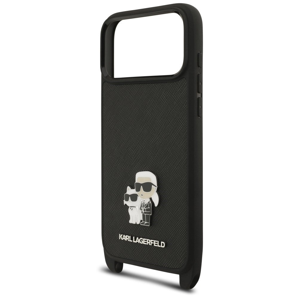Hoesje voor Apple iPhone 18 Pro / 17 Pro, Karl Lagerfeld, Saffiano Crossbody Metal Pin Karl & Choupette, zwart